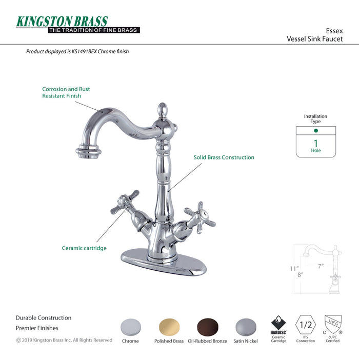 Essex KS1492BEX Two-Handle 1-or-3 Hole Deck Mount Vessel Faucet, Polished Brass