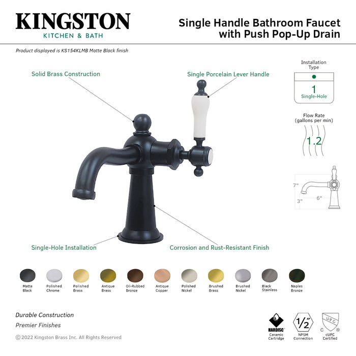 Nautical KS154KLBN Single-Handle 1-Hole Deck Mount Bathroom Faucet with Push Pop-Up, Brushed Nickel