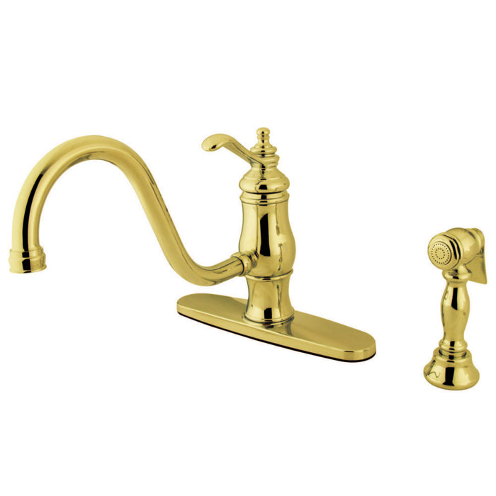 Gourmetier KS1572TLBS Single-Handle 2-or-4 Hole Deck Mount Kitchen Faucet with Brass Sprayer, Polished Brass