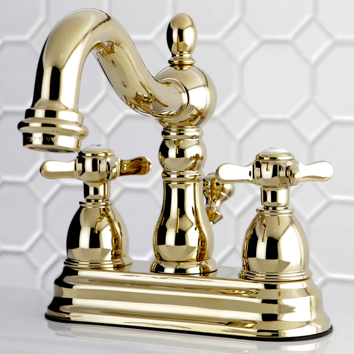 Essex KS1602BEX Two-Handle 3-Hole Deck Mount 4" Centerset Bathroom Faucet with Brass Pop-Up, Polished Brass
