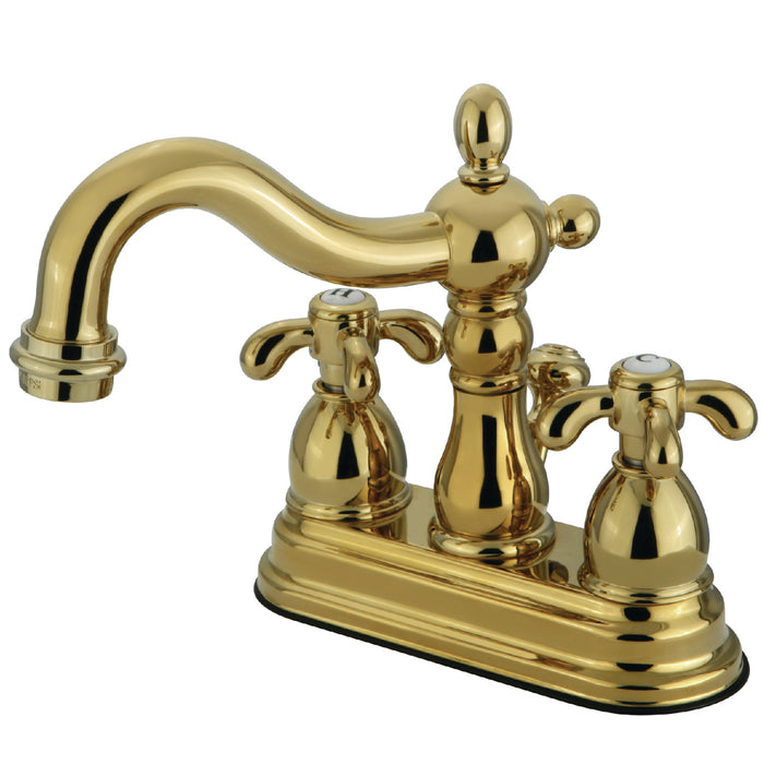 Kingston Heirloom KS1602TX - French Country Double-Handle 3-Hole Deck Mount 4-Inch Centerset Bathroom Faucet with Brass Pop-Up, Polished Brass