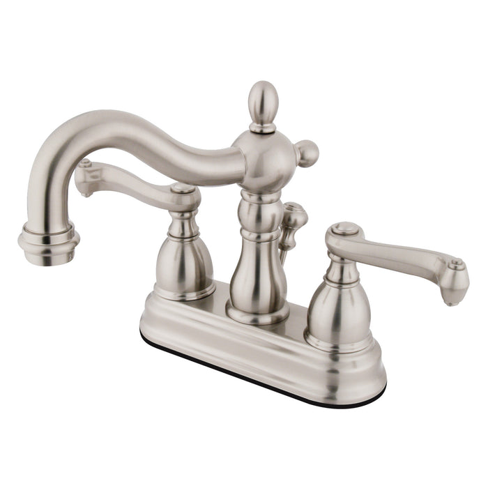 Heritage KS1608FL Two-Handle 3-Hole Deck Mount 4" Centerset Bathroom Faucet with Brass Pop-Up, Brushed Nickel