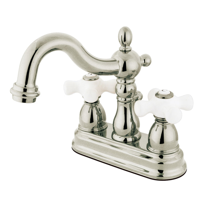 Heritage KS1608PX Two-Handle 3-Hole Deck Mount 4" Centerset Bathroom Faucet with Brass Pop-Up, Brushed Nickel