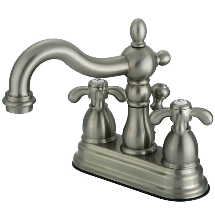 Kingston Heirloom KS1608TX - French Country Double-Handle 3-Hole Deck Mount 4-Inch Centerset Bathroom Faucet with Brass Pop-Up, Brushed Nickel