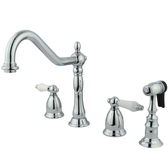 Heritage KS1791PLBS Two-Handle 4-Hole Deck Mount Widespread Kitchen Faucet with Brass Sprayer, Polished Chrome