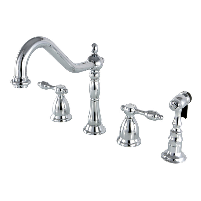 Tudor KS1791TALBS Two-Handle 4-Hole Deck Mount Widespread Kitchen Faucet with Brass Sprayer, Polished Chrome