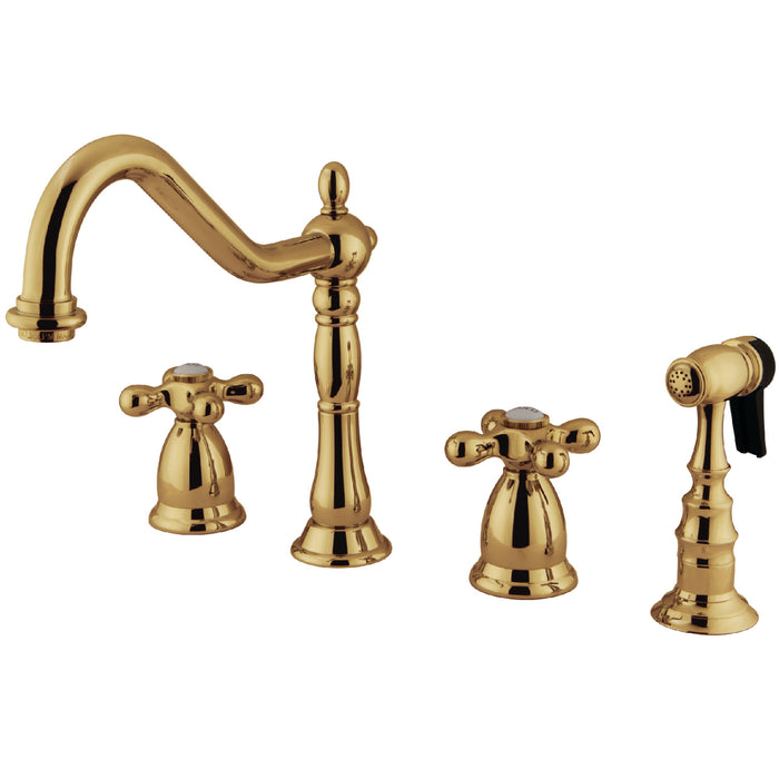 Heritage KS1792AXBS Two-Handle 4-Hole Deck Mount Widespread Kitchen Faucet with Brass Sprayer, Polished Brass