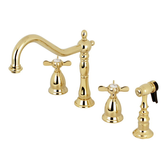 Essex KS1792BEXBS Two-Handle 4-Hole Deck Mount Widespread Kitchen Faucet with Brass Sprayer, Polished Brass