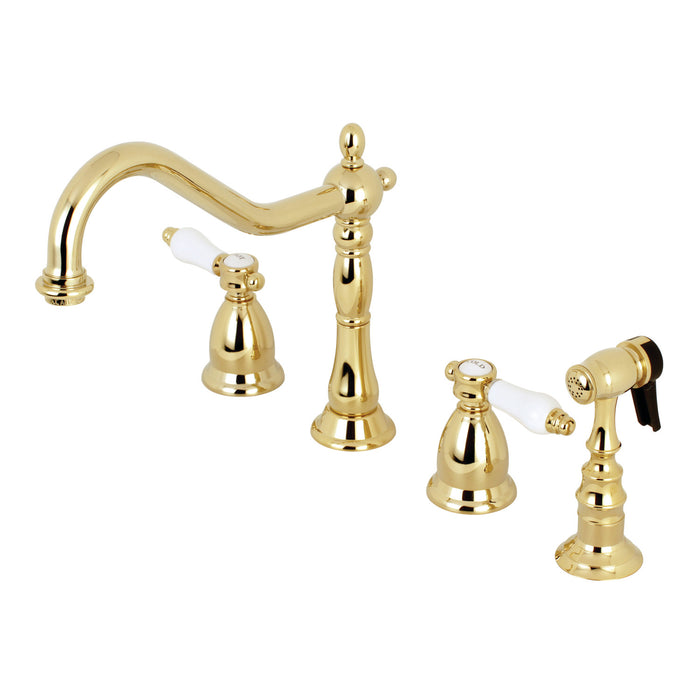 Bel-Air KS1792BPLBS Two-Handle 4-Hole Deck Mount Widespread Kitchen Faucet with Brass Sprayer, Polished Brass