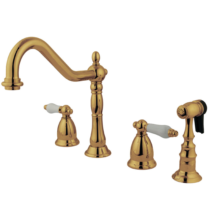 Heritage KS1792PLBS Two-Handle 4-Hole Deck Mount Widespread Kitchen Faucet with Brass Sprayer, Polished Brass