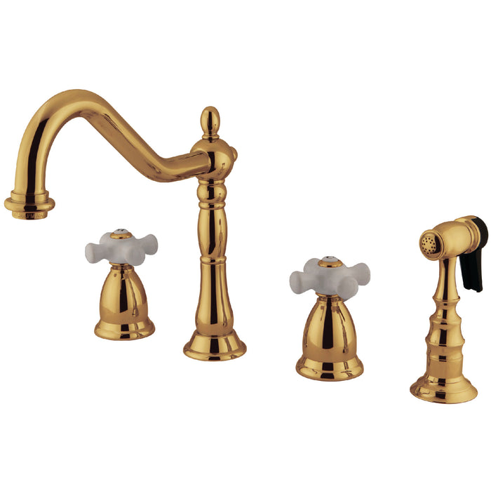 Heritage KS1792PXBS Two-Handle 4-Hole Deck Mount Widespread Kitchen Faucet with Brass Sprayer, Polished Brass