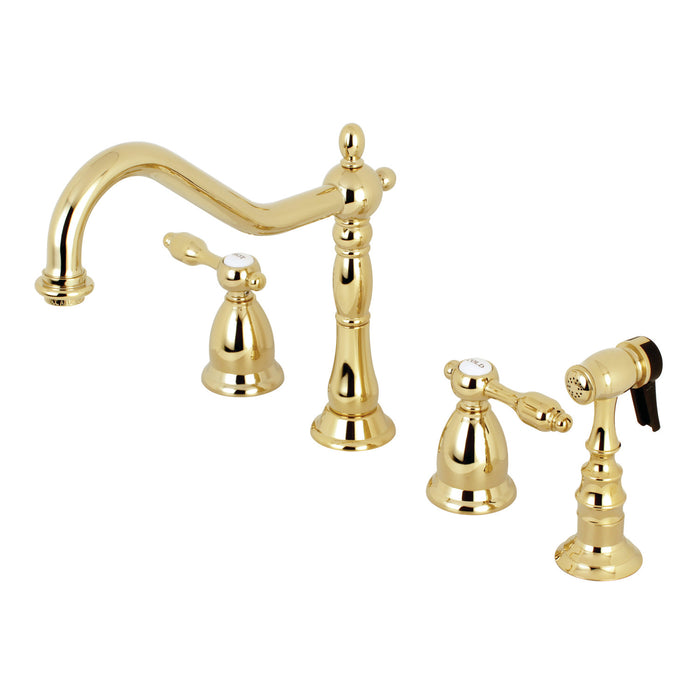 Tudor KS1792TALBS Two-Handle 4-Hole Deck Mount Widespread Kitchen Faucet with Brass Sprayer, Polished Brass