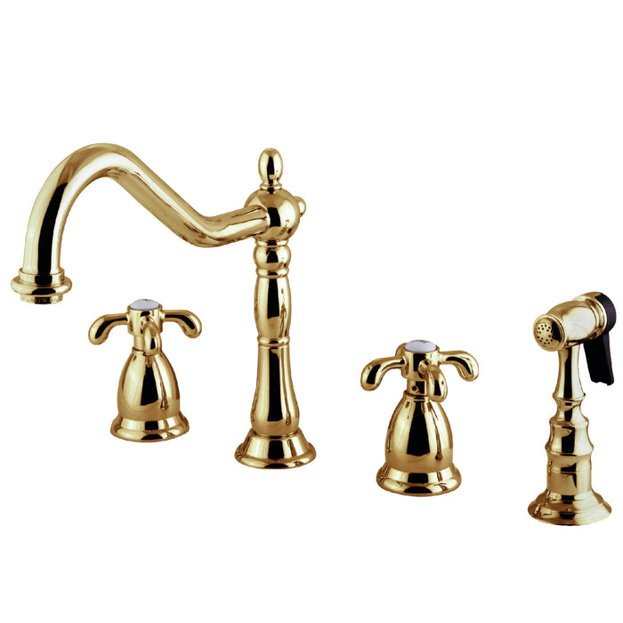 French Country KS1792TXBS Two-Handle 4-Hole Deck Mount Widespread Kitchen Faucet with Brass Sprayer, Polished Brass