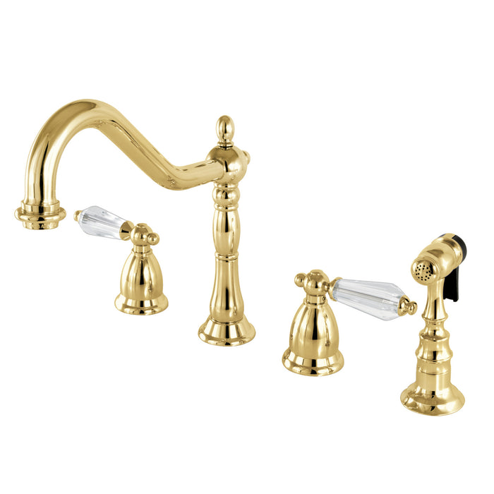 Wilshire KS1792WLLBS Two-Handle 4-Hole Deck Mount Widespread Kitchen Faucet with Brass Sprayer, Polished Brass