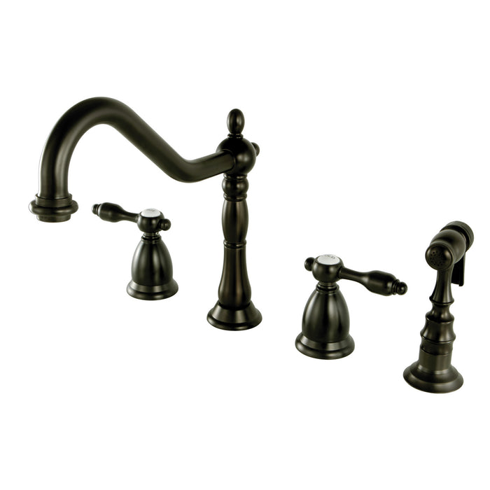 Tudor KS1795TALBS Two-Handle 4-Hole Deck Mount Widespread Kitchen Faucet with Brass Sprayer, Oil Rubbed Bronze