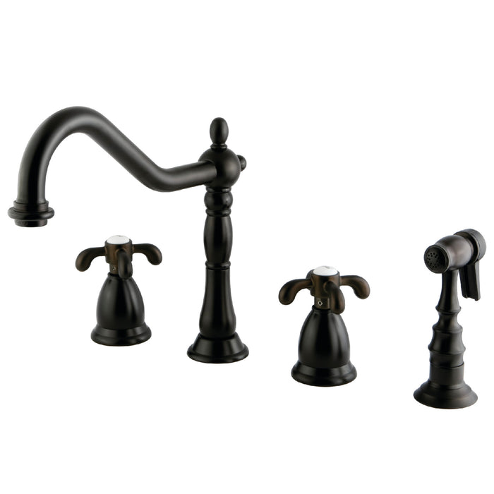 French Country KS1795TXBS Two-Handle 4-Hole Deck Mount Widespread Kitchen Faucet with Brass Sprayer, Oil Rubbed Bronze