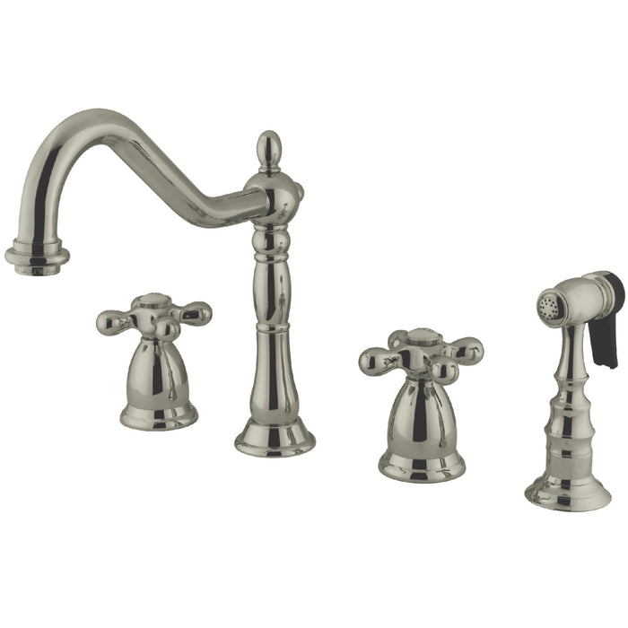 Heritage KS1798AXBS Two-Handle 4-Hole Deck Mount Widespread Kitchen Faucet with Brass Sprayer, Brushed Nickel