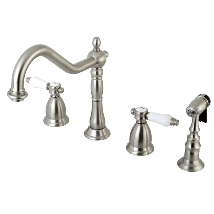 Bel-Air KS1798BPLBS Two-Handle 4-Hole Deck Mount Widespread Kitchen Faucet with Brass Sprayer, Brushed Nickel