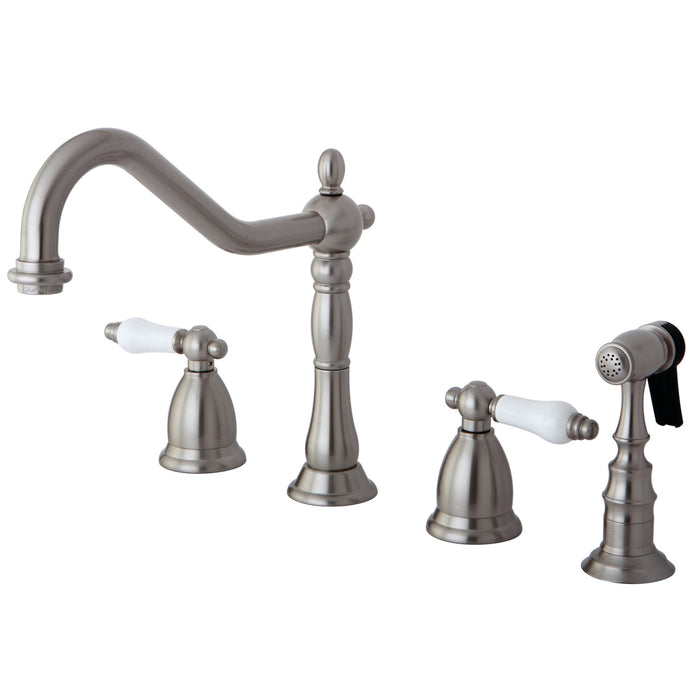 Heritage KS1798PLBS Two-Handle 4-Hole Deck Mount Widespread Kitchen Faucet with Brass Sprayer, Brushed Nickel