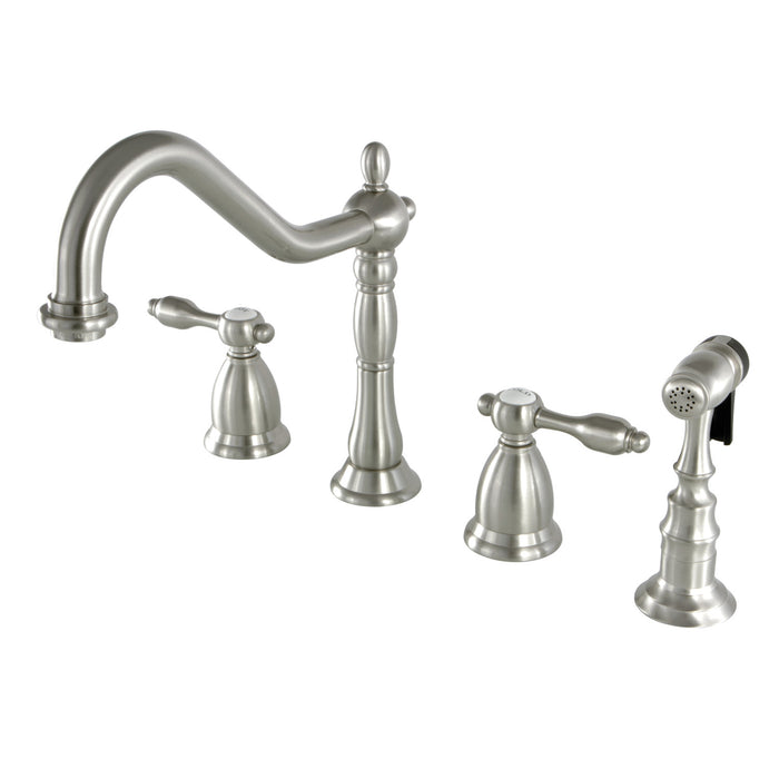 Tudor KS1798TALBS Two-Handle 4-Hole Deck Mount Widespread Kitchen Faucet with Brass Sprayer, Brushed Nickel