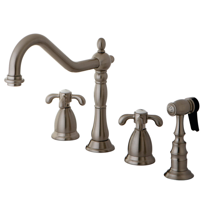 French Country KS1798TXBS Two-Handle 4-Hole Deck Mount Widespread Kitchen Faucet with Brass Sprayer, Brushed Nickel