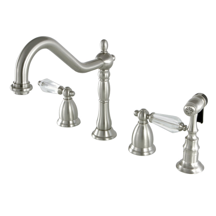 Wilshire KS1798WLLBS Two-Handle 4-Hole Deck Mount Widespread Kitchen Faucet with Brass Sprayer, Brushed Nickel