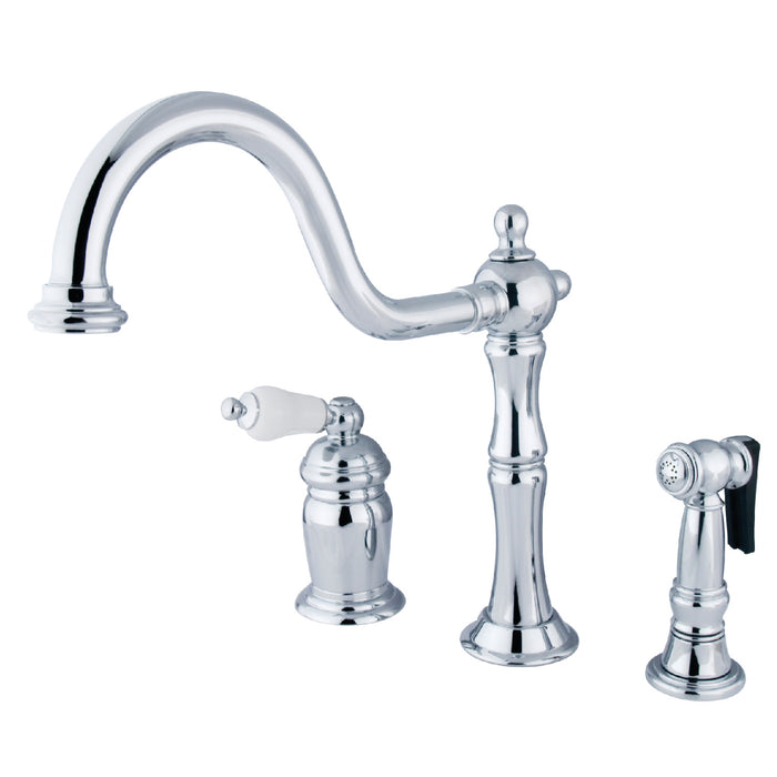 Heritage KS1811PLBS Single-Handle 3-Hole Deck Mount Widespread Kitchen Faucet with Brass Sprayer, Polished Chrome