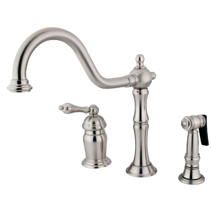 Heritage KS1818ALBS Single-Handle 3-Hole Deck Mount Widespread Kitchen Faucet with Brass Sprayer, Brushed Nickel