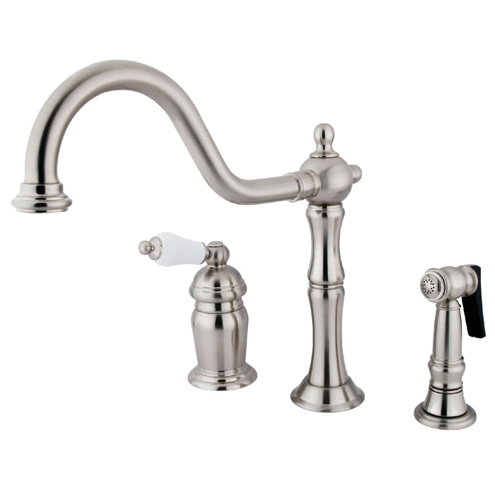 Heritage KS1818PLBS Single-Handle 3-Hole Deck Mount Widespread Kitchen Faucet with Brass Sprayer, Brushed Nickel