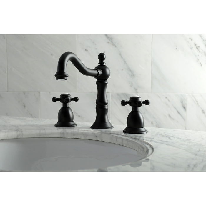Heritage KS1970BX Two-Handle 3-Hole Deck Mount Widespread Bathroom Faucet with Brass Pop-Up, Matte Black