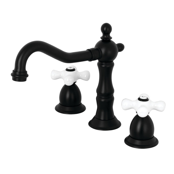 Heritage KS1970PX Two-Handle 3-Hole Deck Mount Widespread Bathroom Faucet with Brass Pop-Up, Matte Black