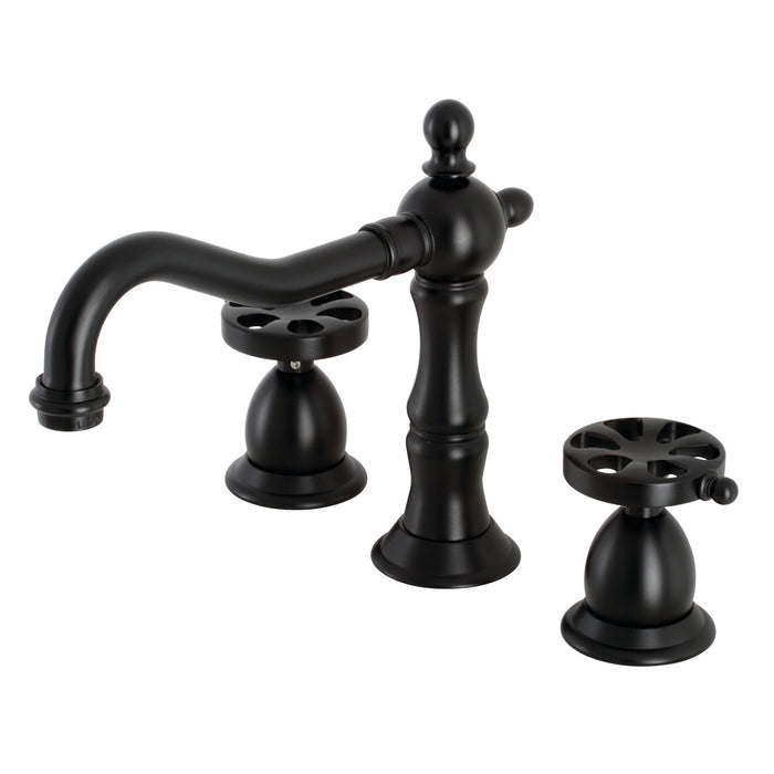 Kingston Heirloom KS1970RX - Belknap Two-Handle 3-Hole Deck Mount Widespread Bathroom Faucet with Brass Pop-Up, Matte Black