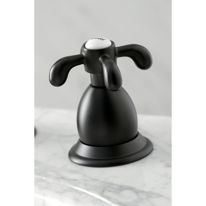 French Country KS1970TX Two-Handle 3-Hole Deck Mount Widespread Bathroom Faucet with Brass Pop-Up, Matte Black