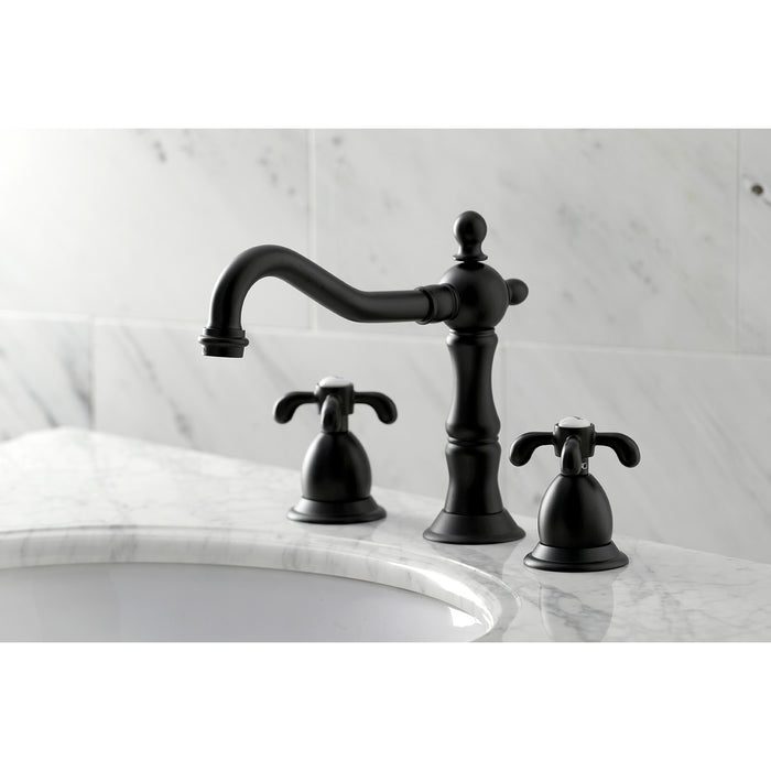 French Country KS1970TX Two-Handle 3-Hole Deck Mount Widespread Bathroom Faucet with Brass Pop-Up, Matte Black