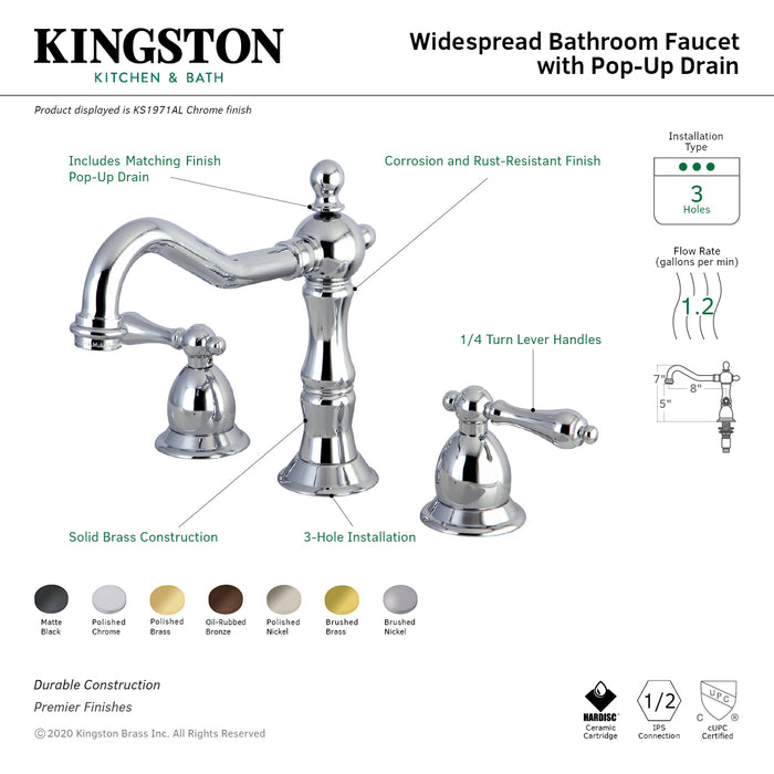 Heritage KS1971AL Two-Handle 3-Hole Deck Mount Widespread Bathroom Faucet with Brass Pop-Up, Polished Chrome