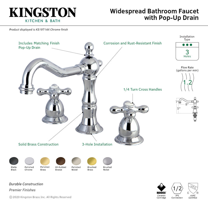 Heritage KS1971AX Two-Handle 3-Hole Deck Mount Widespread Bathroom Faucet with Brass Pop-Up, Polished Chrome