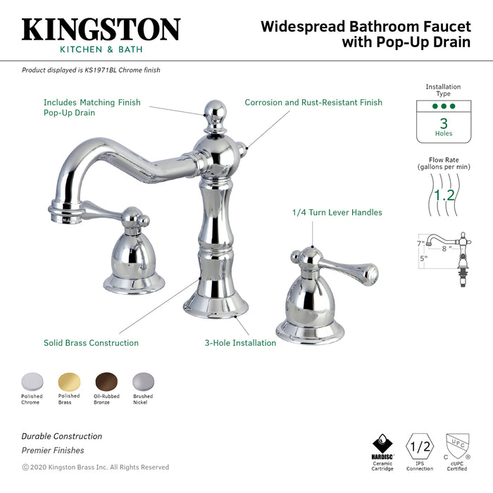 Heritage KS1971BL Two-Handle 3-Hole Deck Mount Widespread Bathroom Faucet with Brass Pop-Up, Polished Chrome