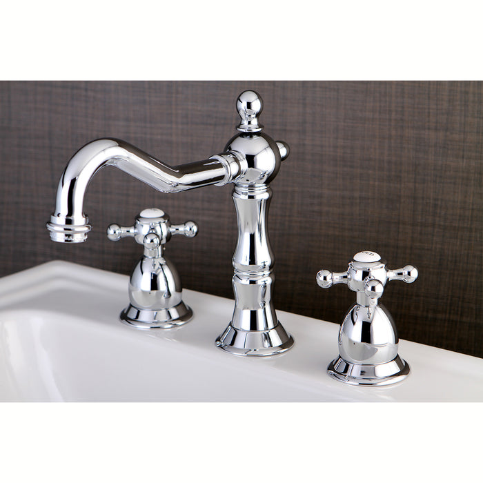 Heritage KS1971BX Two-Handle 3-Hole Deck Mount Widespread Bathroom Faucet with Brass Pop-Up, Polished Chrome