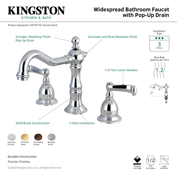 Heritage KS1971FL Two-Handle 3-Hole Deck Mount Widespread Bathroom Faucet with Brass Pop-Up, Polished Chrome