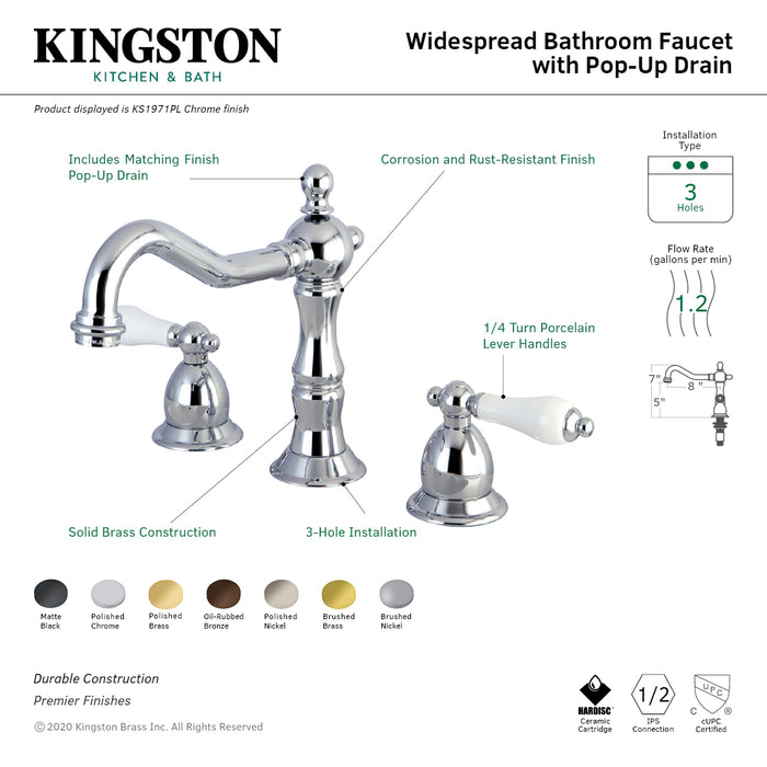 Heritage KS1971PL Two-Handle 3-Hole Deck Mount Widespread Bathroom Faucet with Brass Pop-Up, Polished Chrome