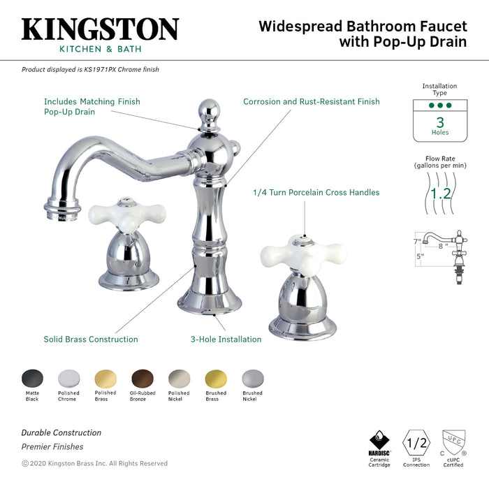 Heritage KS1971PX Two-Handle 3-Hole Deck Mount Widespread Bathroom Faucet with Brass Pop-Up, Polished Chrome