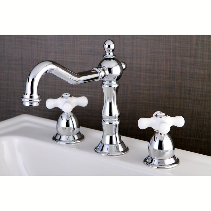 Heritage KS1971PX Two-Handle 3-Hole Deck Mount Widespread Bathroom Faucet with Brass Pop-Up, Polished Chrome