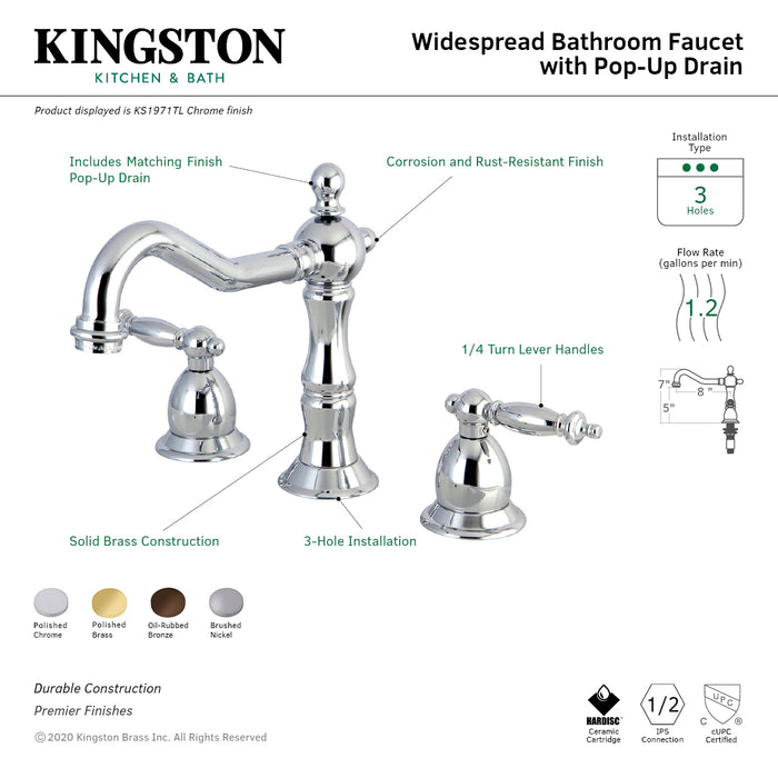 Heritage KS1971TL Two-Handle 3-Hole Deck Mount Widespread Bathroom Faucet with Brass Pop-Up, Polished Chrome