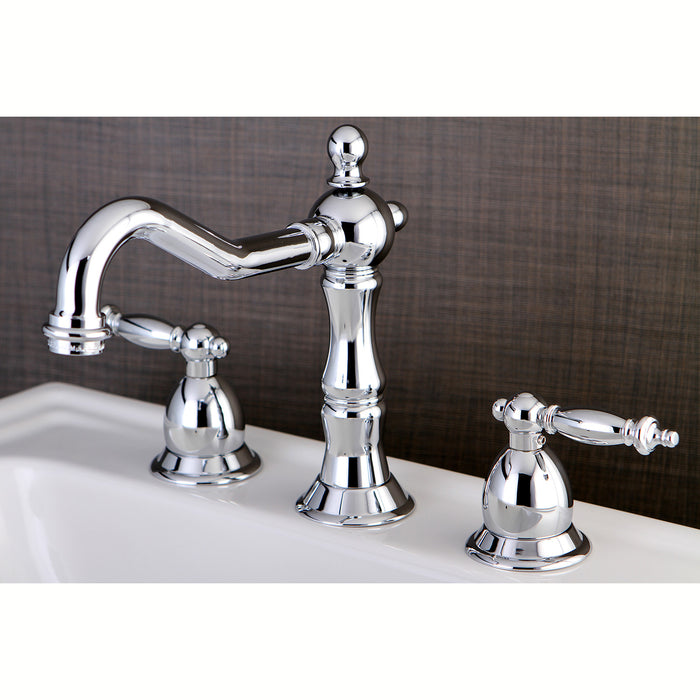 Heritage KS1971TL Two-Handle 3-Hole Deck Mount Widespread Bathroom Faucet with Brass Pop-Up, Polished Chrome