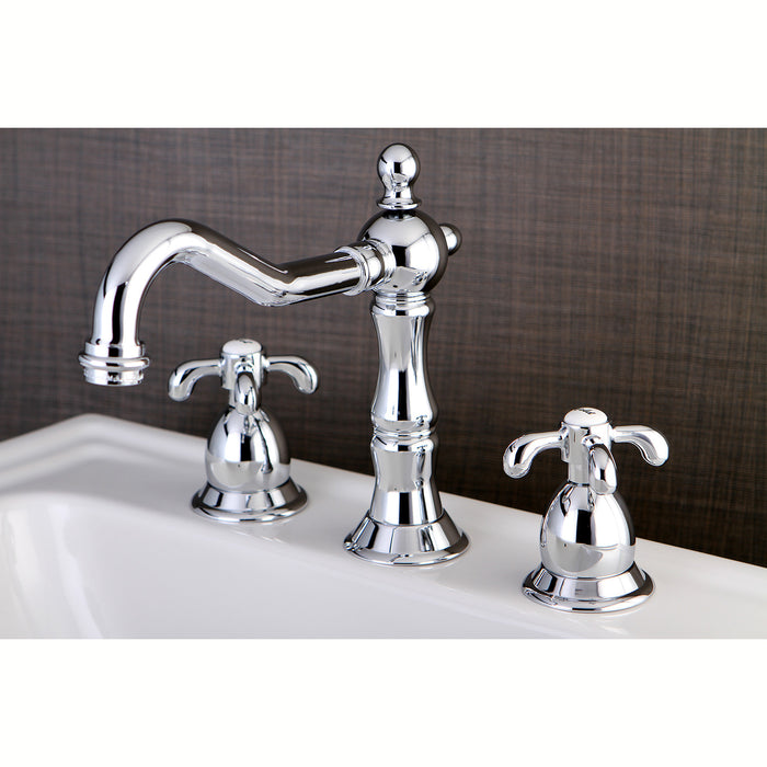 French Country KS1971TX Two-Handle 3-Hole Deck Mount Widespread Bathroom Faucet with Brass Pop-Up, Polished Chrome