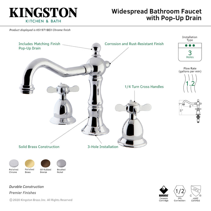 Kingston Heirloom KS1972BEX - Essex Two-Handle 3-Hole Deck Mount Widespread Bathroom Faucet with Brass Pop-Up, Polished Brass