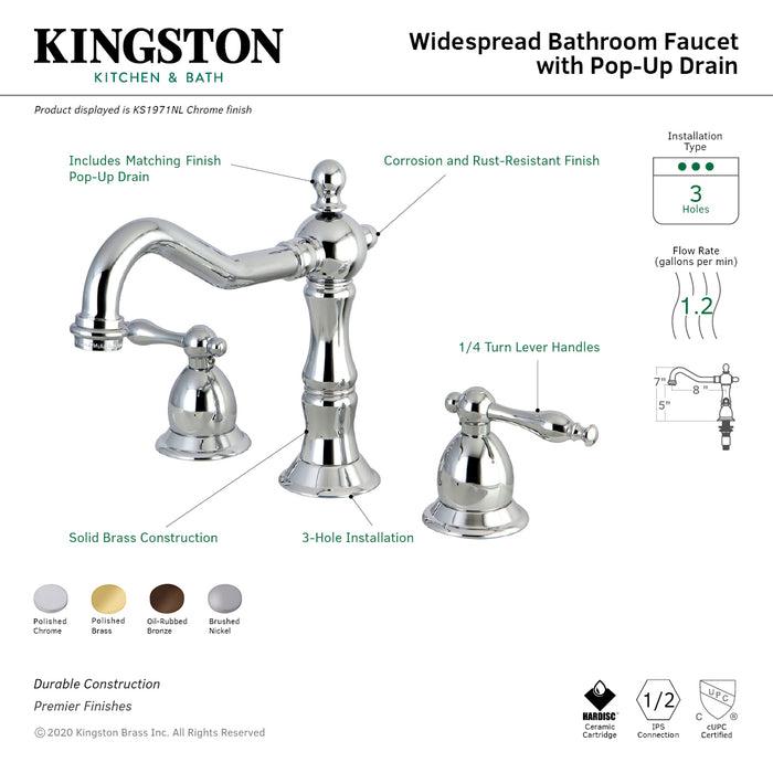 Heritage KS1972NL Two-Handle 3-Hole Deck Mount Widespread Bathroom Faucet with Brass Pop-Up, Polished Brass