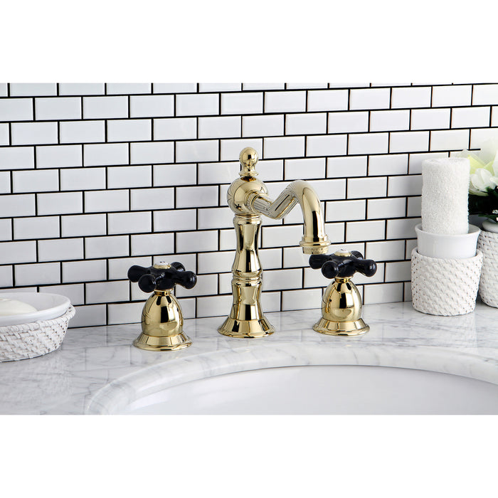Kingston Heirloom KS1972PKX - Duchess Two-Handle 3-Hole Deck Mount Widespread Bathroom Faucet with Brass Pop-Up, Polished Brass