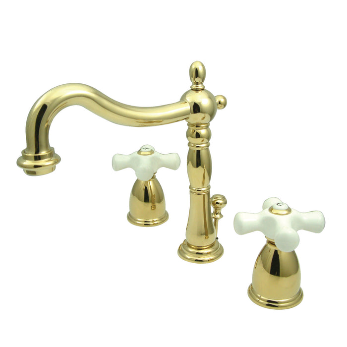 Heritage KS1972PX Two-Handle 3-Hole Deck Mount Widespread Bathroom Faucet with Brass Pop-Up, Polished Brass
