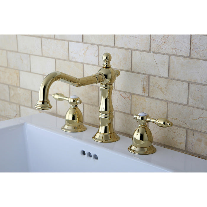 Tudor KS1972TAL Two-Handle 3-Hole Deck Mount Widespread Bathroom Faucet with Brass Pop-Up, Polished Brass
